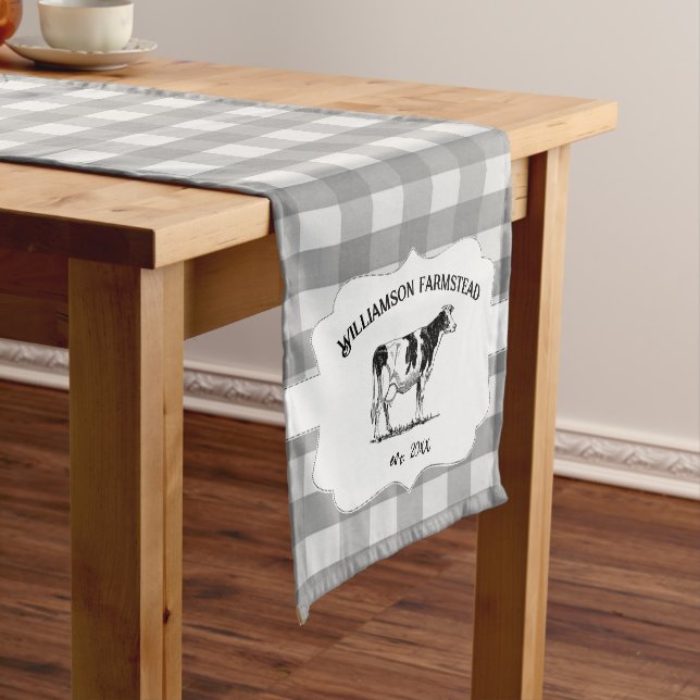 Grey Buffalo Plaid Farm Cow Short Table Runner (In Situ)