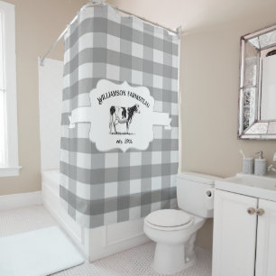 Grey Buffalo Plaid Farm Cow Shower Curtain