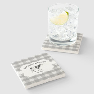 Grey Buffalo Plaid Farm Cow Stone Coaster