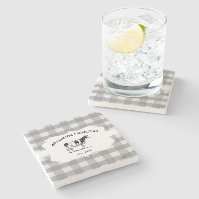 Grey Buffalo Plaid Farm Cow Stone Coaster (Side)