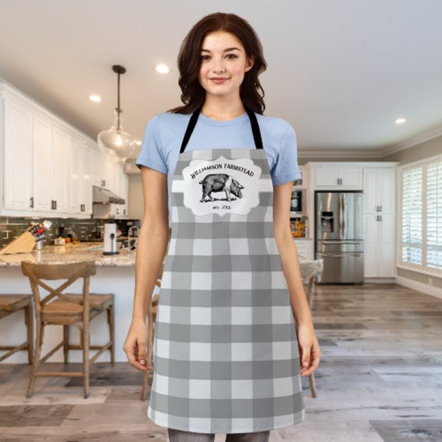 Grey Buffalo Plaid Farm Pig Apron (Gray Buffalo Plaid Farm Pig Personalized Apron)