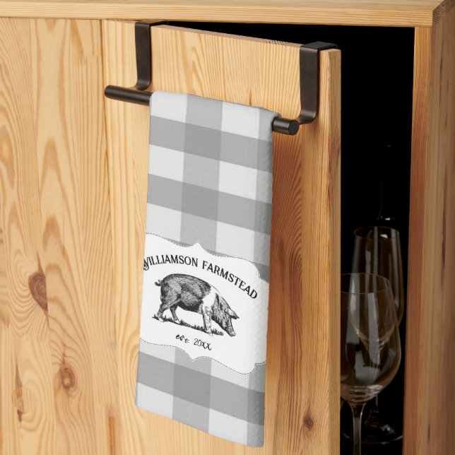 Grey Buffalo Plaid Farm Pig Kitchen Towel (Thirds Fold)