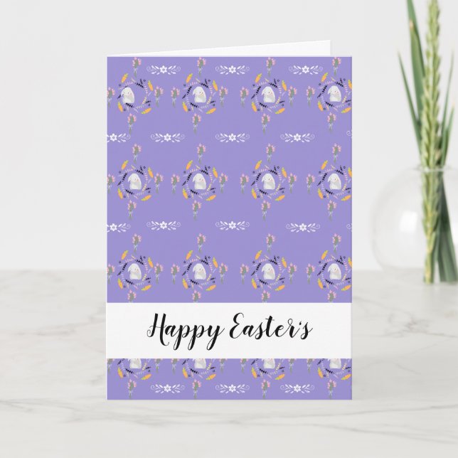 Grey Bunnies, Carrots, and Flowers Pattern Holiday Card (Front)