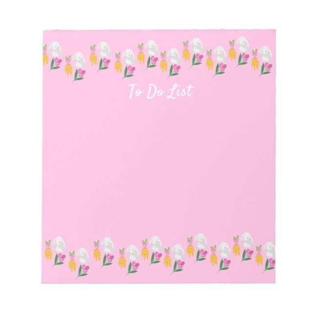 Grey Bunnies, Carrots, and Purple Tulips Pink Notepad (Front)