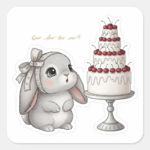 Grey Bunny & Wedding Cake - Cherry Dream Kawaii Square Sticker