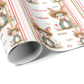 Grey Bunny With Floral And Stripe Wrapping Paper
