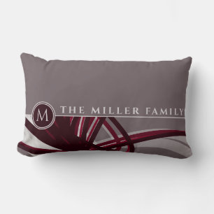 Grey & Burgundy Abstract   Monogram   Family Name Lumbar Pillow