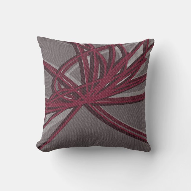 Grey & Burgundy Abstract Ribbon Fabric Texture Throw Pillow (Front)