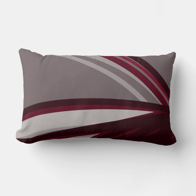 Grey & Burgundy Artistic Abstract Linear Design Lumbar Pillow (Front)