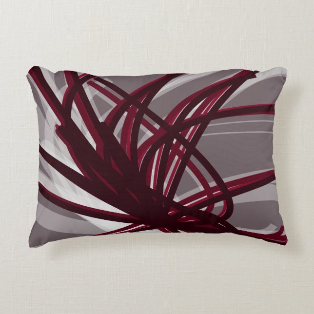 Grey & Burgundy Artistic Abstract Ribbon Design Accent Pillow (Front)