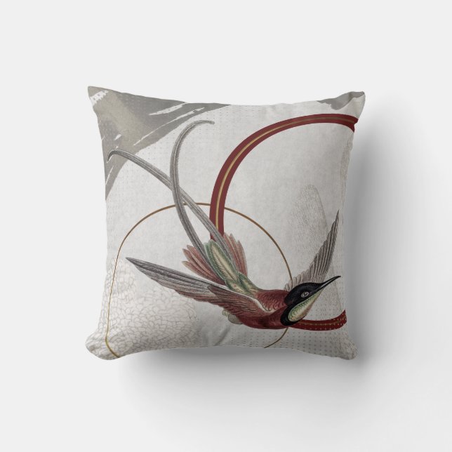 Grey & Burgundy Artistic Hummingbird Design Throw Pillow (Front)