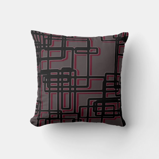 Grey Burgundy & Black Geometric Mid-Century Modern Throw Pillow (Front)