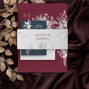 Grey Burgundy Botanical Foliage Personalized Invitation Belly Band