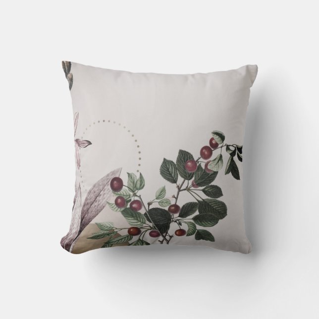 Grey & Burgundy Botanical Print | Cherries Throw Pillow (Front)