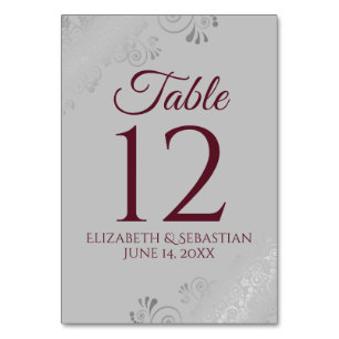 Grey & Burgundy Elegant Filigree Wedding Table Number