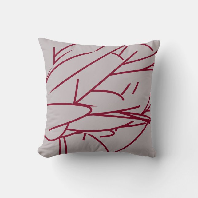 Grey & Burgundy Modern Elegant Abstract Feather Throw Pillow (Front)