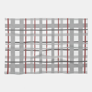 Grey Burgundy Plaid Stripes Pattern Kitchen Towel