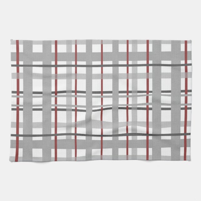 Grey Burgundy Plaid Stripes Pattern Kitchen Towel (Horizontal)