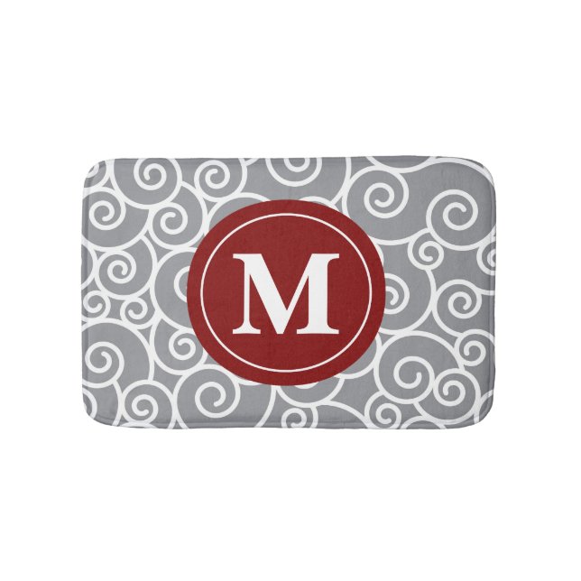 Grey burgundy Swirls Monogram Bathmat (Front)