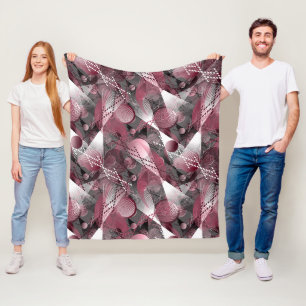 Grey, Burgundy, white abstract pattern. Fleece Blanket