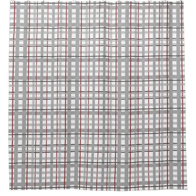 Grey Burgundy White Plaid Chequered Shower Curtain (Front)