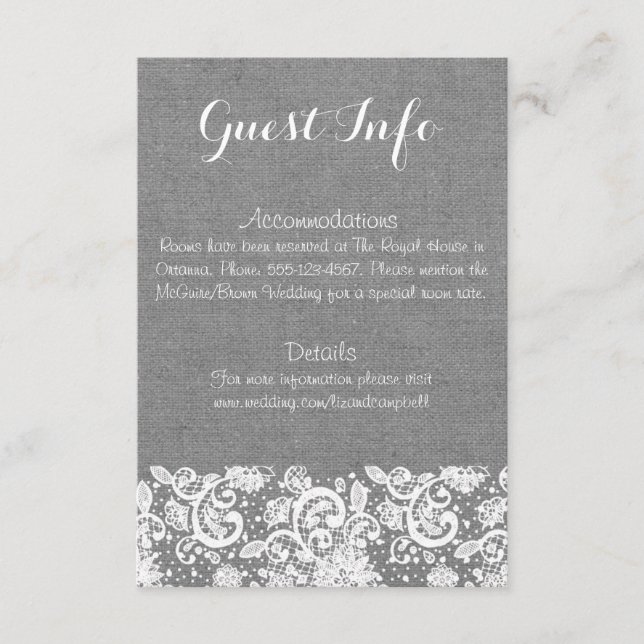 Grey Burlap and Lace Info Card - Rustic Wedding (Front)
