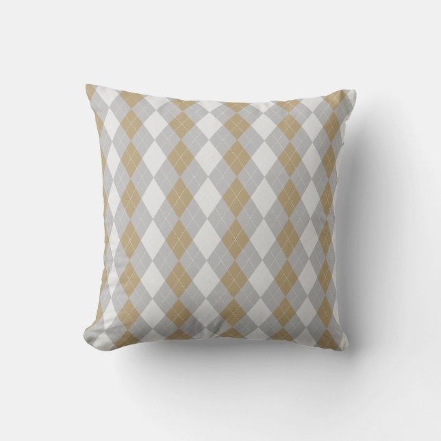 Grey & BURLAP BROWN Diamonds ARGYLE Pattern Throw Pillow (Front)