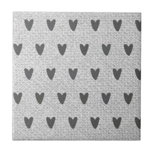 Grey Burlap Whimsical Hearts Rustic Farmhouse Tile