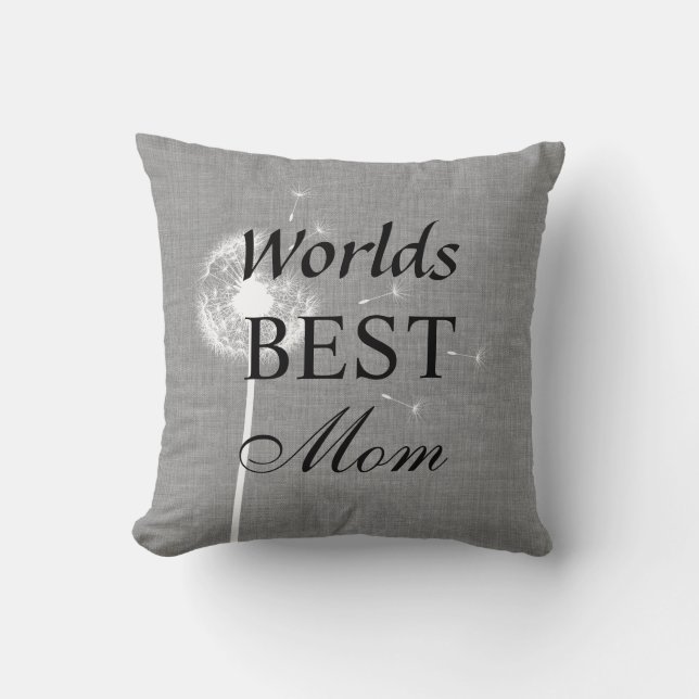 Grey Burlap Worlds Best Mom Pillow with Dandelion (Front)