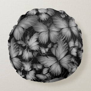 Grey Butterflies Print Round Pillow