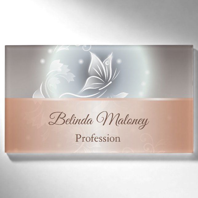 Grey Butterfly Floral Rose Gold Name Tag (Front)