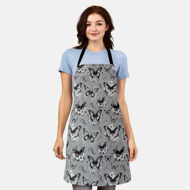 Grey Butterfly Pattern Apron (Worn)