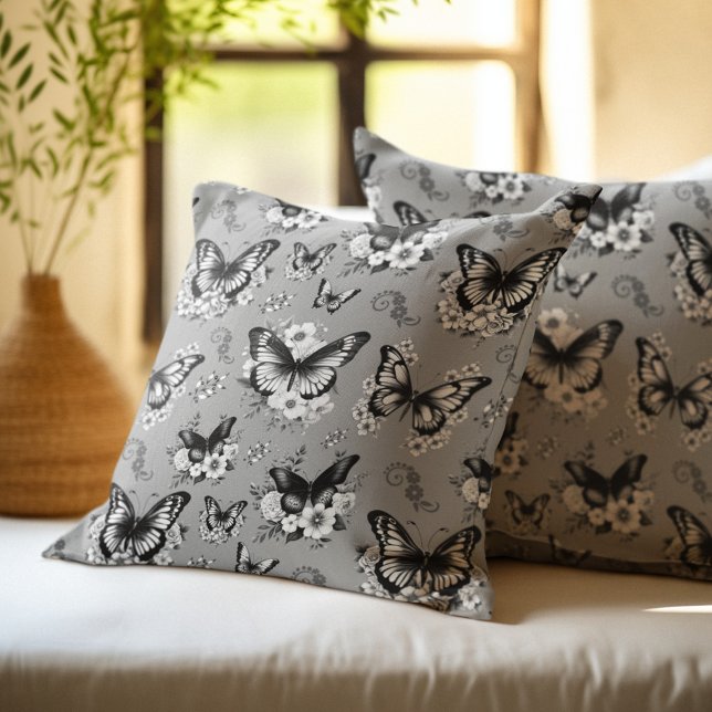 Grey Butterfly Pattern Throw Pillow (Creator Uploaded)