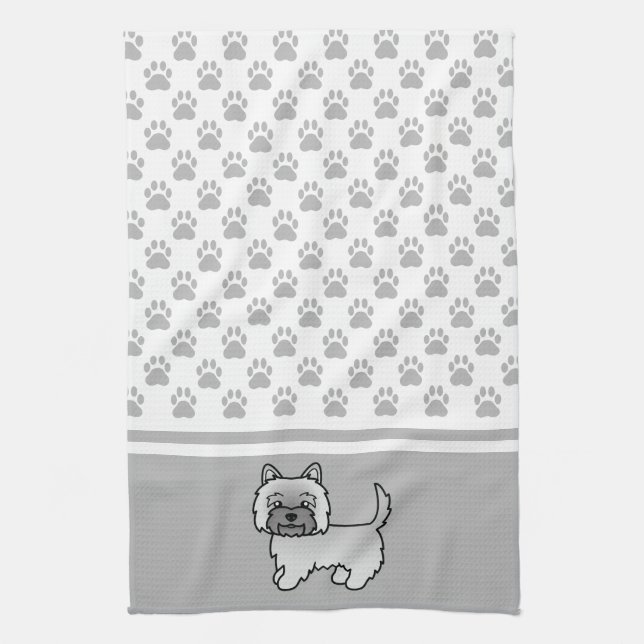 Grey Cairn Terrier Dog Drawing & Grey Paws Pattern Kitchen Towel (Vertical)