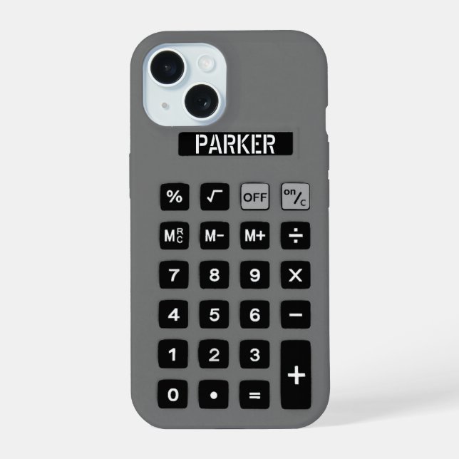 Grey Calculator with Name  iPhone 15 Case (Back)