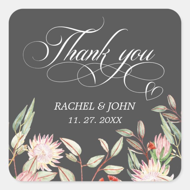 Grey Calligraphic Script Thank You Heart Wedding Square Sticker (Front)