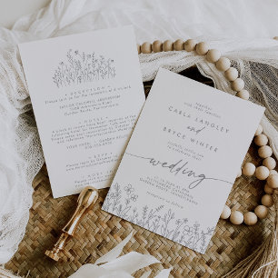 Grey Calligraphy Wildflower Front and Back Wedding Invitation