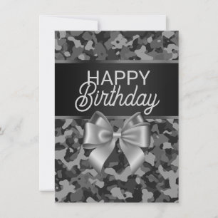 Grey Camo & Bow Happy Birthday Card