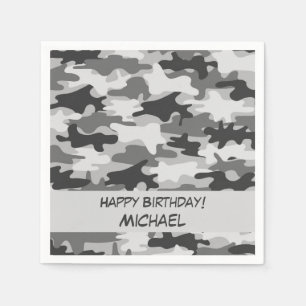 Grey Camo Camouflage Happy Birthday Name Custom Napkin
