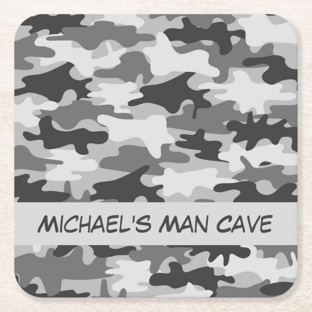 Grey Camo Camouflage Name Personalized Man Cave Square Paper Coaster (Front)
