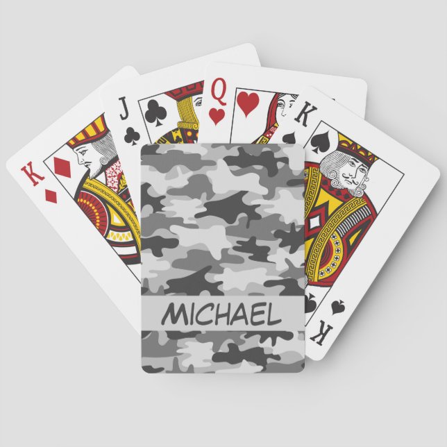 Grey Camo Camouflage Name Personalized Poker Playing Cards (Back)