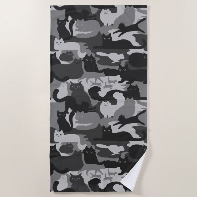 Grey Camouflage Cats Pattern Grey Kitty Cats Camo Beach Towel (Front)