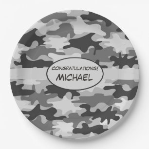 Grey Camouflage Congratulations Name Personalized Paper Plate