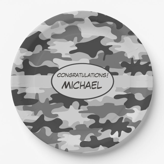 Grey Camouflage Congratulations Name Personalized Paper Plate (Front)