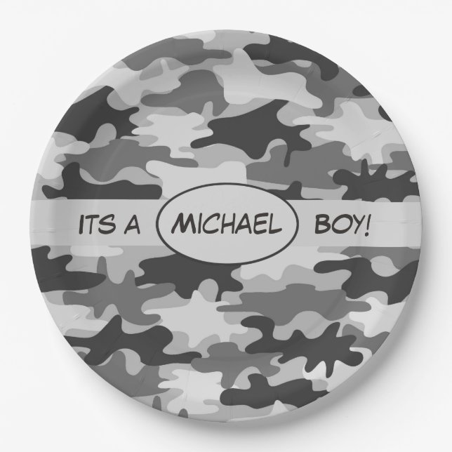 Grey Camouflage Its A Boy Name Personalized Paper Plate (Front)