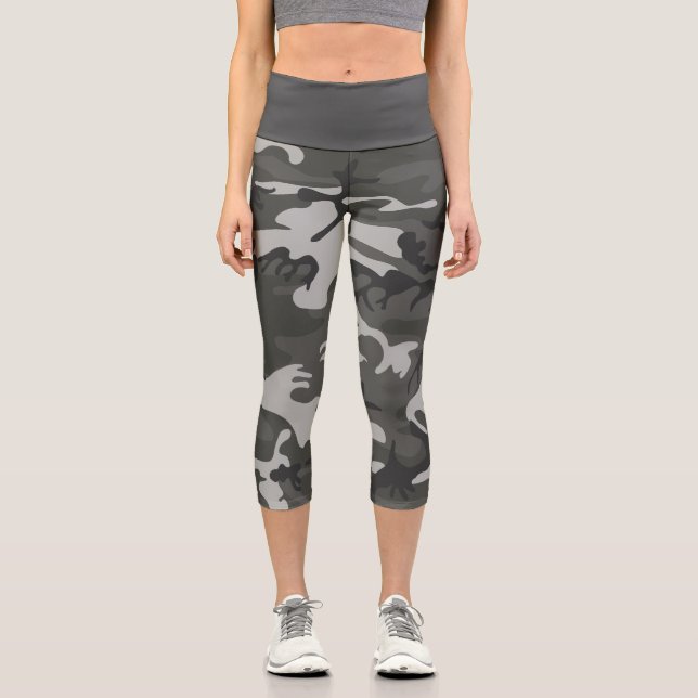 Grey Camouflage Pattern, Military Pattern, Army Capri Leggings (Front)