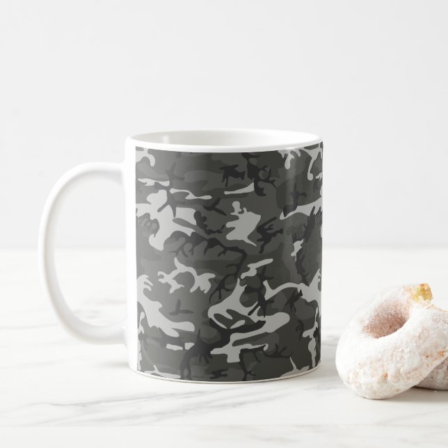 Grey Camouflage Pattern, Military Pattern, Army Coffee Mug (With Donut)
