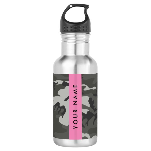 Grey Camouflage Pattern, Your name, Personalize 532 Ml Water Bottle (Front)