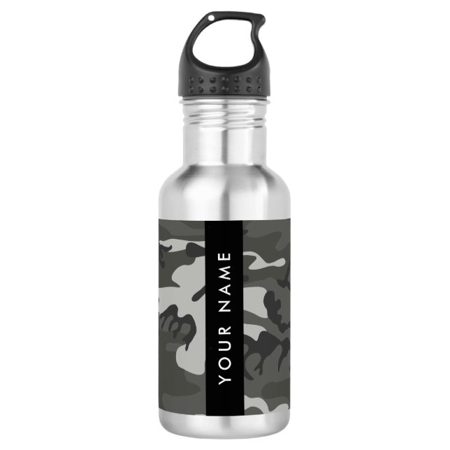 Grey Camouflage Pattern, Your name, Personalize 532 Ml Water Bottle (Front)