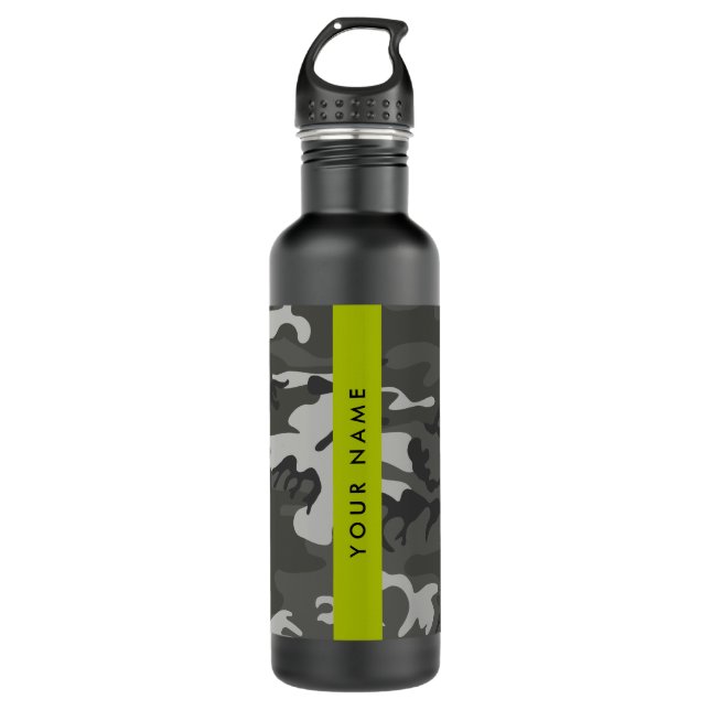Grey Camouflage Pattern, Your name, Personalize 710 Ml Water Bottle (Front)